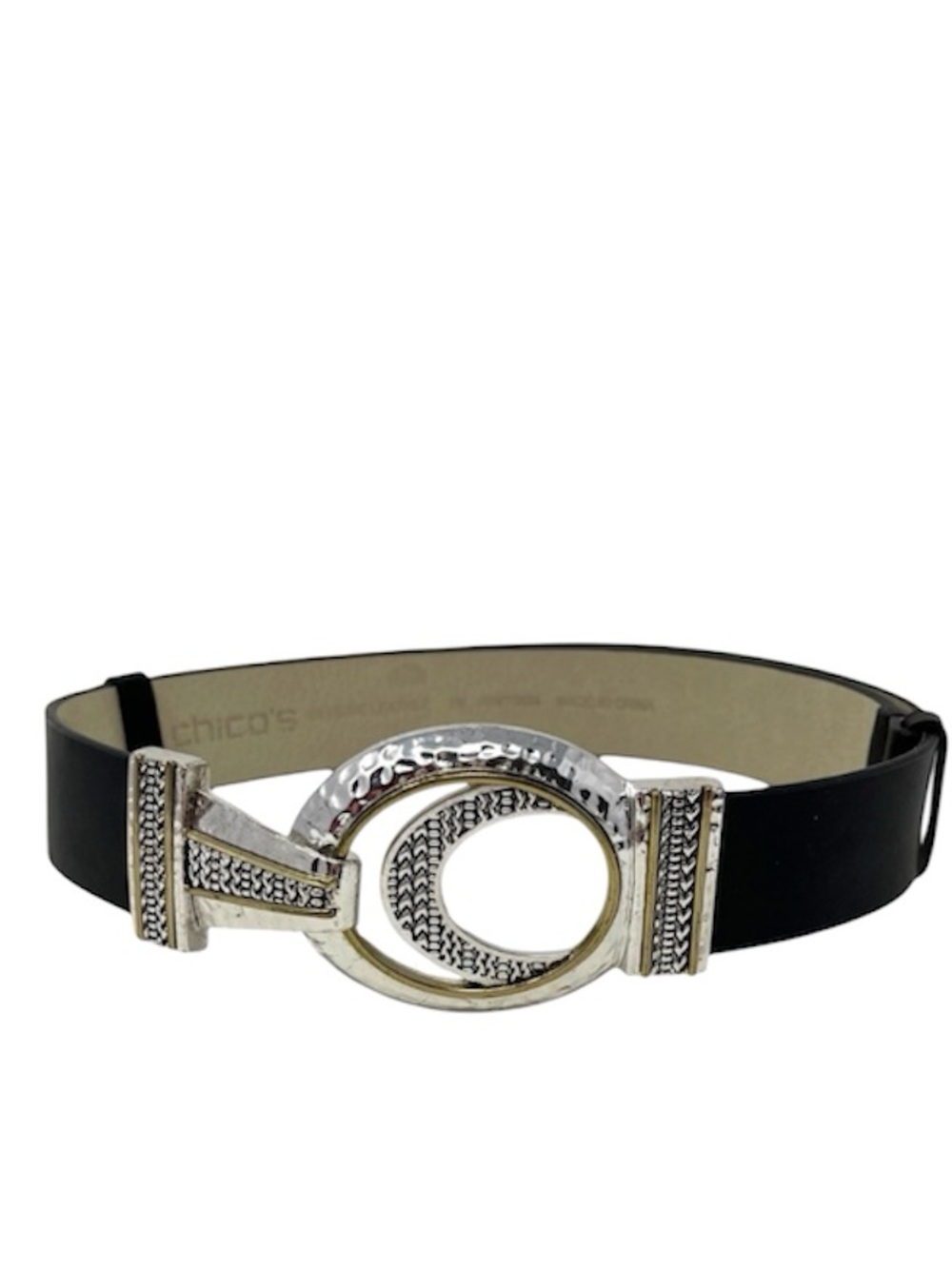 Chicos Statement belt with black leather and 2-tone metal buckle